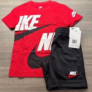 Toddler Boy 4T Nike Cotton/Jersey Shirt Short 2 Piece Set Red Black Swoosh -NEW